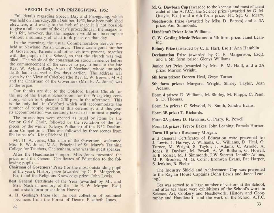 An image of the Speech Day report for Bells Grammar School in 1952.