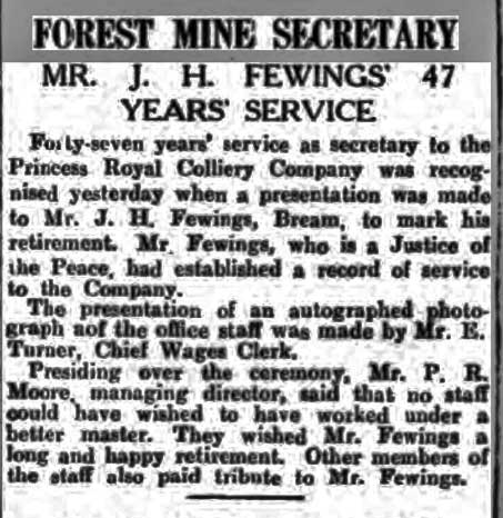 Presscutting about J H Fewings long service 