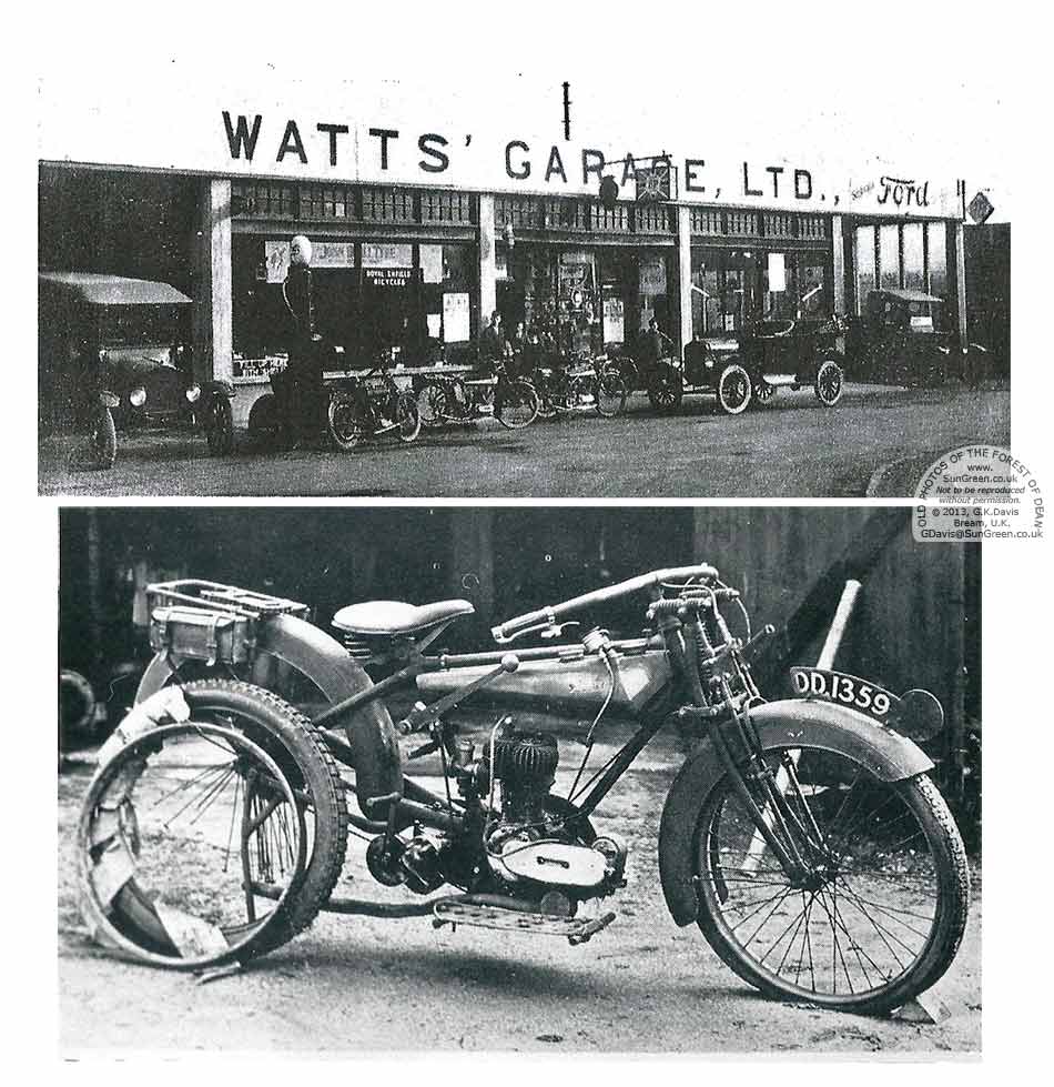 Photos of Watts first garage and a Watts motorbike