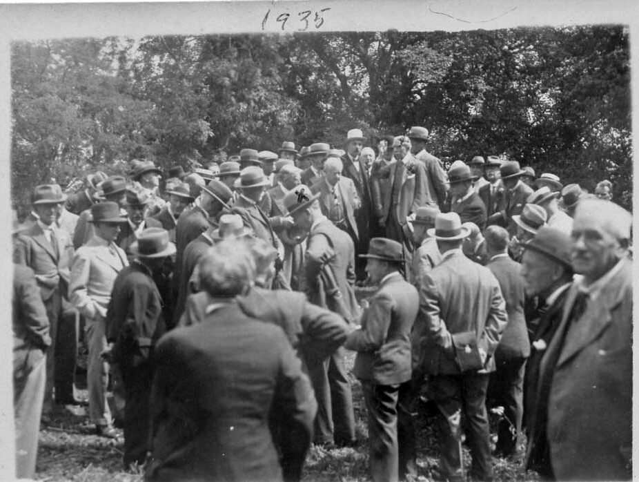 A photo showing Freemasons on a visit The Mound at Lydney Park in 1935.