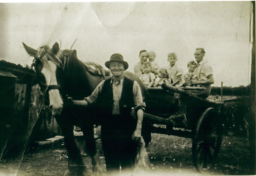 A photo of a Horse and cart with family members