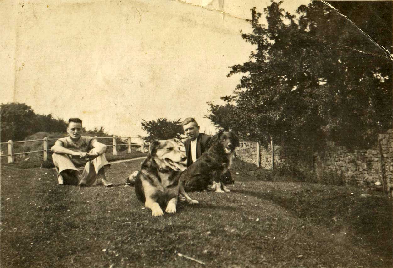 A photo taken outside Bannock Tree Cottage with people and dogs.
